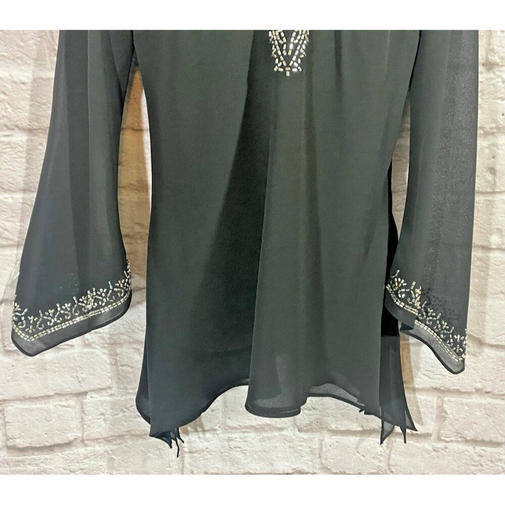 JR Nites By Caliendo Black Layered Tunic Top Silver Beads Asymmetrical Hemline 8 - Picture 4 of 10
